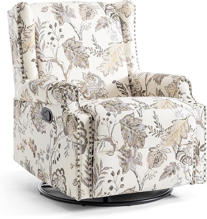 UIXE Swivel Rocker Manual Recliner Chair, Wingback Swivel Glider Fabric Nursery Reclining Sofa Chair, High Back Upholstered Arm Chair for Living Room Bedroom - Beige Plants