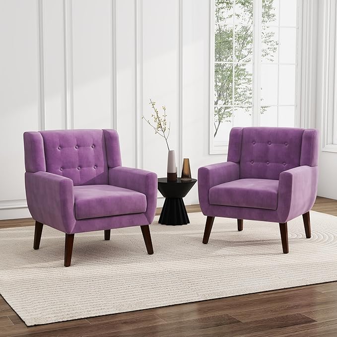 UIXE Accent Chairs Set of 2, Modern Upholstered Arm Chair, Mid-Century Club Armchair Comfy Single Lounge Sofa, Button Tufted Living Room Reading Side Seating for Bedroom Office, Velvet-Purple