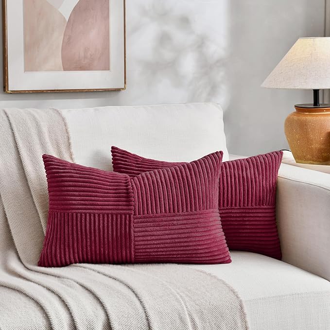 Fancy Homi 2 Packs Burgundy Long Lumbar Decorative Throw Pillow Covers 16x24 Inch for Couch Bed Sofa, Rustic Farmhouse Boho Home Decor, Soft Striped Corduroy Rectangle Accent Cushion Case 40x60 cm