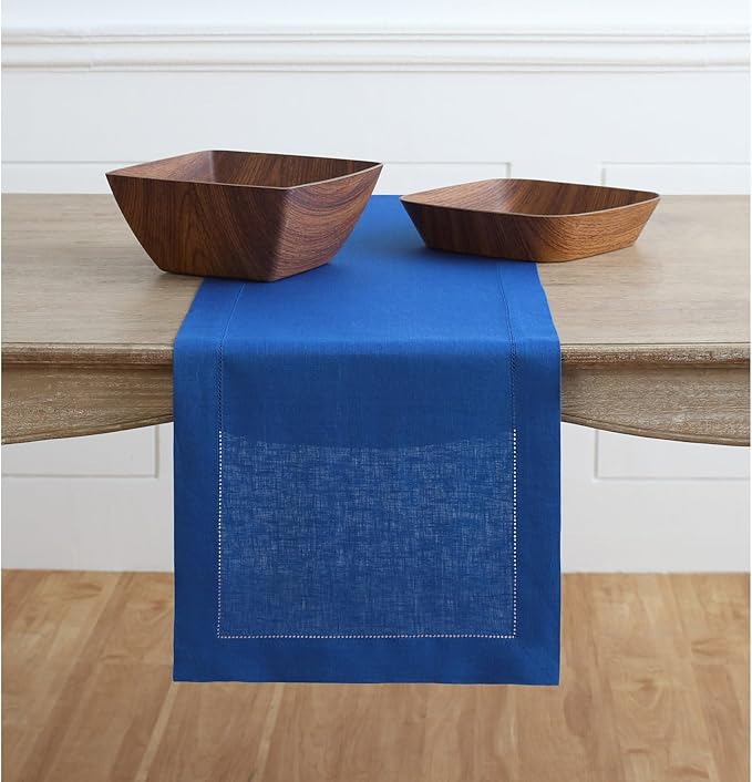 Solino Home Linen Royal Blue Table Runner 48 Inches - Classic Hemstitch, 100% Pure Linen Coffee Table Runner 14 x 48 Inch Ideal for Dresser Tables