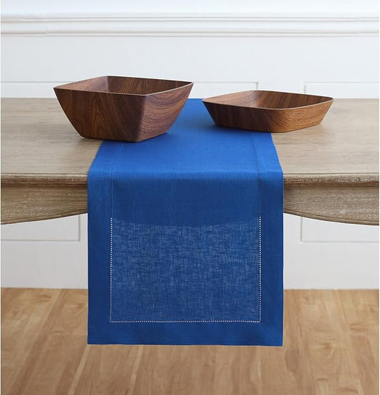 Solino Home Linen Royal Blue Table Runner 48 Inches - Classic Hemstitch, 100% Pure Linen Coffee Table Runner 14 x 48 Inch Ideal for Dresser Tables