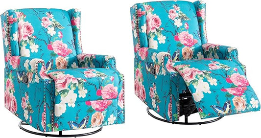 UIXE Swivel Rocker Manual Recliner Chairs Set of 2, Wingback Swivel Glider Fabric Nursery Reclining Sofa Chair, High Back Upholstered Arm Chair for Living Room Bedroom - Peacock Blue