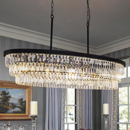 TOCHIC Crystal Chandelier 47 inch, 9 Lights Large Black Crystal Chandeliers for Dining Room, Modern Farmhouse Oval Chandelier Kitchen Island Lighting Fixture for High Ceiling, Living Room, Bar