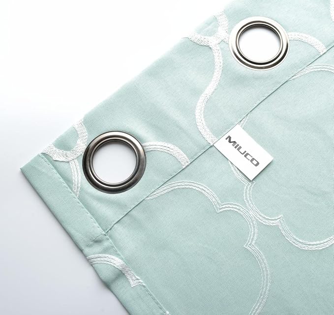MIUCO Moroccan Embroidered Semi Sheer Curtains Linen Look Grommet Panels for Bedroom 52 x 95 Inch 2 Panels, Subtle Green
