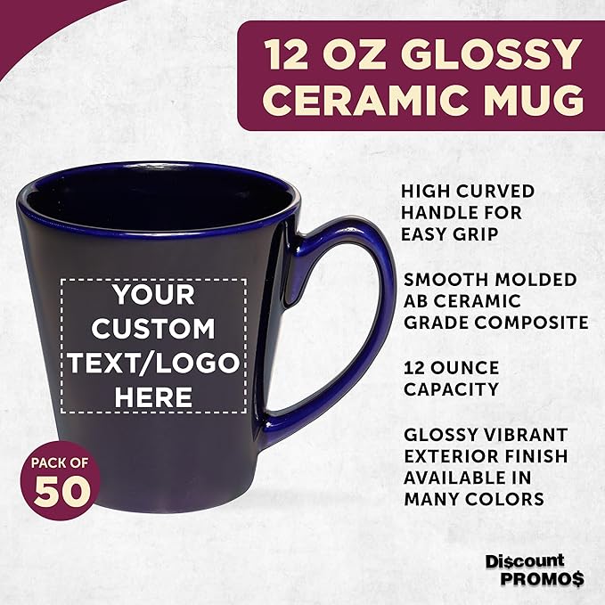 DISCOUNT PROMOS Custom Glossy Ceramic Latte Coffee Mug 12 oz. Set of 50, Personalized Bulk Pack - Perfect for Tea, Espresso, Cappuccino, Hot Cocoa - Blue