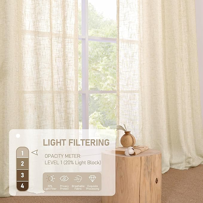 LAMIT Beige Linen Curtains for Windows 2 Panels Set, 48 Inch Linen Textured Light Filtering Drapes Bronze Grommet Boho Panels for Farmhouse/RV Camper/Loft, 34 x 48 Inch