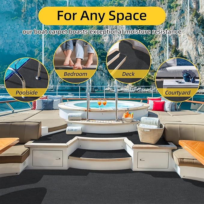 Marine Carpet, 5 FT x 25 FT Black Indoor/Outdoor Rug, 0.2" Thick, Non-Slip, Waterproof