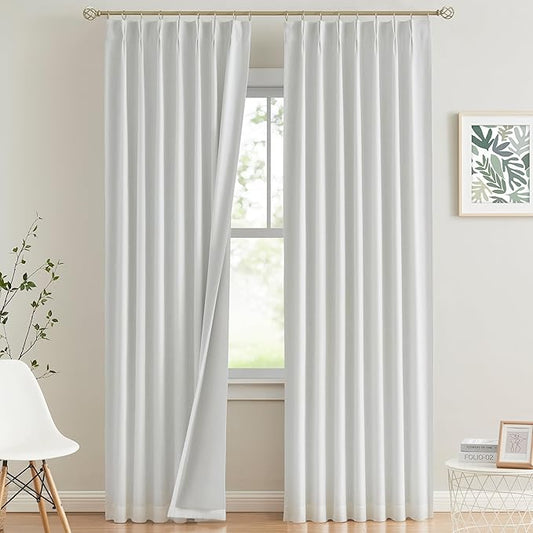 Vision Home White Pinch Pleated Full Blackout Curtains Thermal Insulated Window Curtains 95 inch for Living Room Bedroom Room Darkening Pinch Pleat Drapes with Hooks Back Tab 2 Panel 40" Wx95 L