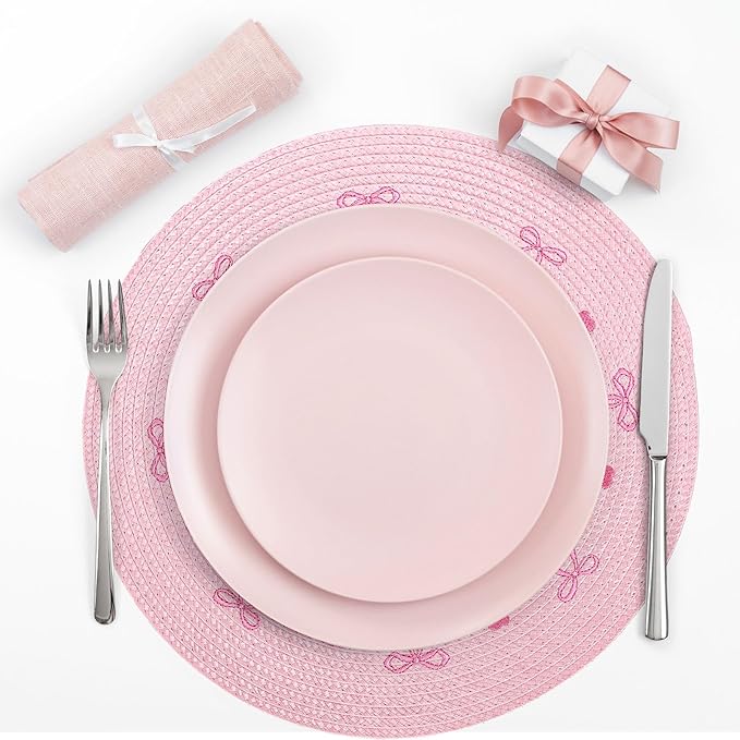 Whaline 4Pcs Round Placemats Pink Bow Embroidered Place Mats Coquette Bow Dinner Table Mats for Home Wedding Baby Shower Birthday Party Decor