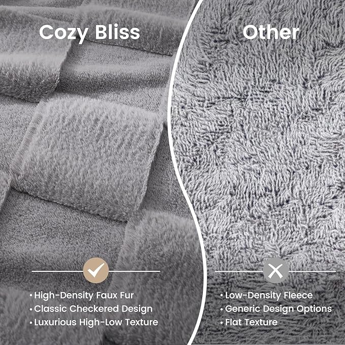 Cozy Bliss Checkered White Faux Rabbit Fur Throw Blanket, Soft Fuzzy Fluffy Minky Cream Furry Blankets for Couch, Bed (Grey, Queen(90" x 90"))