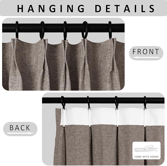 Macochico Pinch Pleated Full Blackout Curtains for Bedroom Living Room Light Coffee Linen Curtains Thermal Insulated and Noise Reducing Window Panels with Tieback Shabby Chic Decor 84”Wx84”L 1 Panel