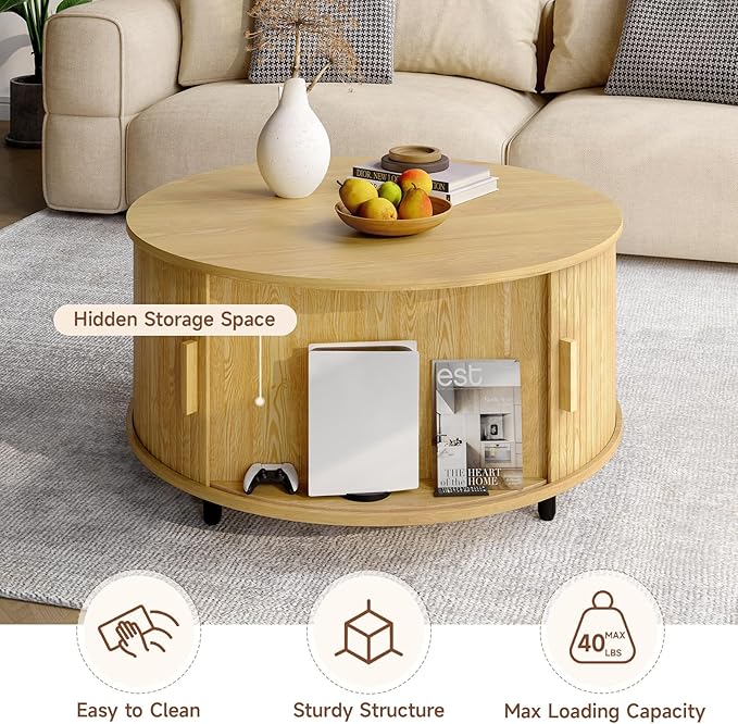 Round Coffee Table with Storage, 31.5" Modern Coffee Table with 360° Curved Sliding Door, Fluted Wood Accent Coffee Table with Adjustable Footpads, Round Center Table for Living Room, Oak