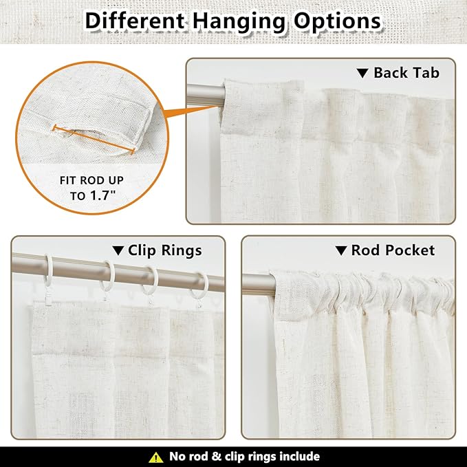 MYSKY HOME Linen Curtains for Living Room, Natural Semi Sheer Curtains & Drapes 84 inches Length 2 Panels Set Farmhouse Country Boho Style Back Tab Draperies for Sliding Glass Door, 50" Wide, Linen