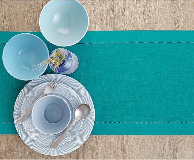 Solino Home Linen Teal Table Runner 108 Inches Long - 100% Pure Linen Hemstitch 14 x 108 Inch Table Runner for Dining, Fall, Autumn, Thanksgiving - Classic Hemstitch