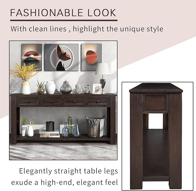 63" Solid Wood Console Table Sofa Table with Storage Drawers and Bottom Shelf,Farmhouse Entryway Table for Hallway Foyer,Sofa Couch Table,Fully Assembled (63" Espresso)