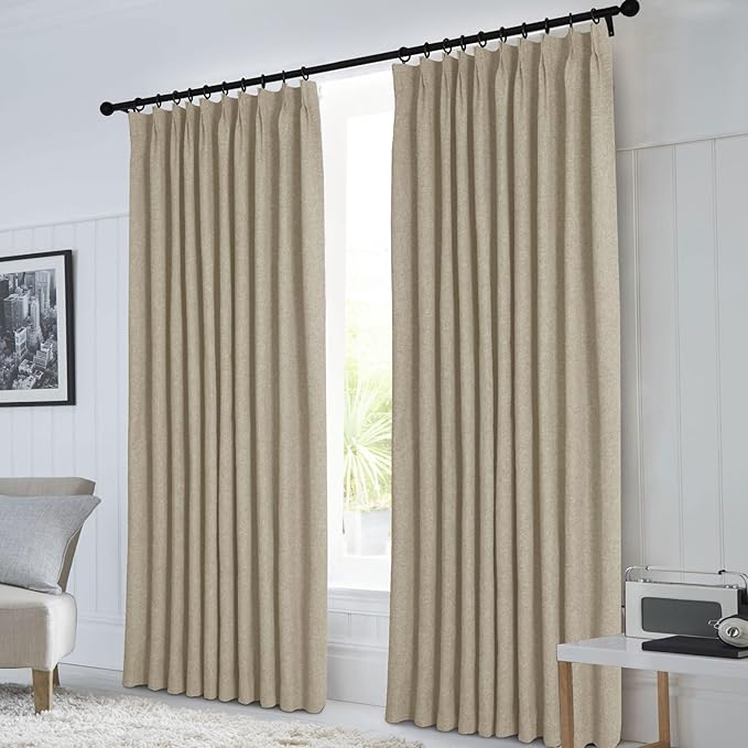 Macochico Pinch Pleated 100% Blackout Curtains Light Khaki Linen Curtains for Bedroom Living Room Farmhouse Thermal Insulated Window Panels Pleated Curtains with Hooks and Tieback 52”Wx72”L 1 Panel