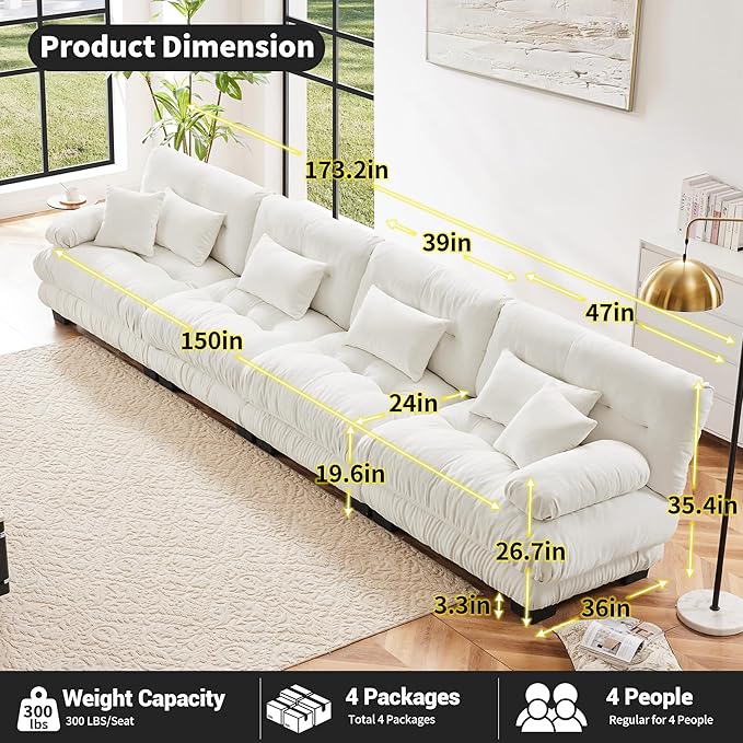 Modular Sectional Sofa Cloud Couch 4-Seater Deep Seat Sofa Couch, Oversized Couch Bed Sectional Couch with Round Bolster Armrests 6 Pillows, Modern Sofa Chair Comfy Couch(White)