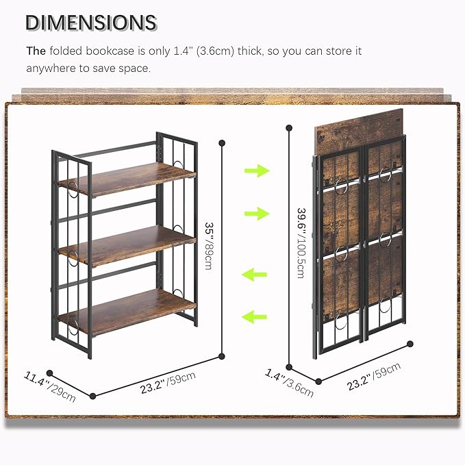 4NM No Assembly 3 Tiers Folding Bookshelf, 35" H Foldable Storage Shelves Vintage Bookcase Standing Racks Study Organizer Home Office - Rustic Brown Black