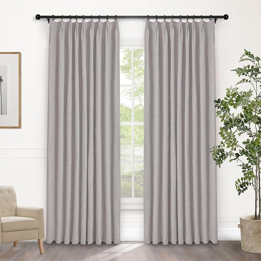 Macochico 100% Blackout Browish Grey Linen Curtains 84 Inches Long Pinch Pleated Burlap Curtains for Bedroom Living Room Farmhouse Nursery Thermal Window Panels with Tieback 72”Wx84”L 1 Panel