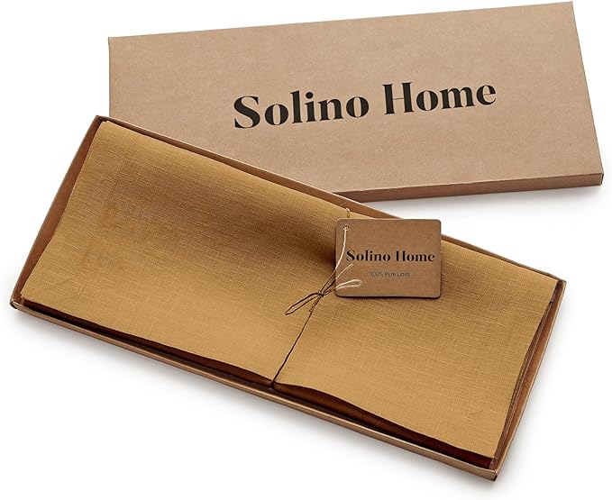 Solino Home Linen Table Runner 120 Inches Long - 100% Pure Linen Caramel Dining Table Runner 14 x 120 Inch for Fall, Autumn, Thanksgiving - Fete