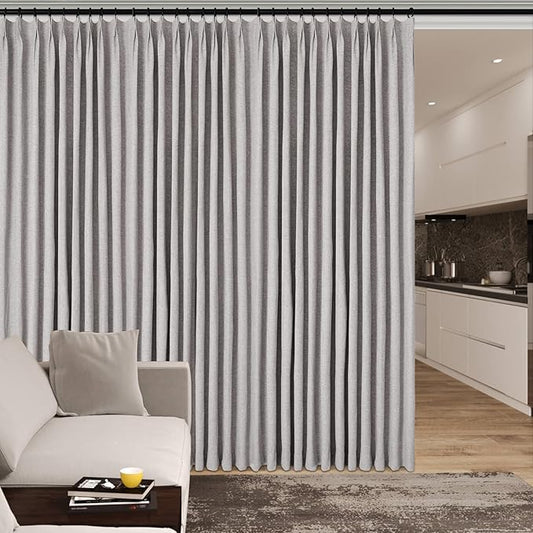 100" W x 84" L Faux Linen Room Divider Curtains, Full Blackout Pinch Pleated Drapes for Traverse Rod, Bedroom Divider Privacy Drapery with Hooks for Ceiling Track, 1 Panel, Browish Grey