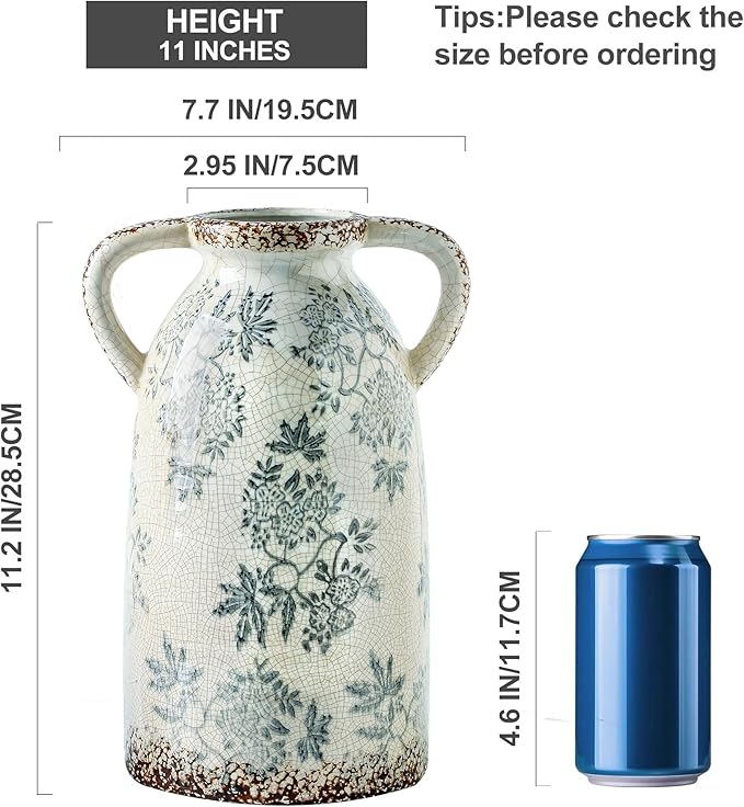 Enra Tall Vintage Blue and White Ceramic Vase with Handle, 11.2 Inch Chinoiserie Decorative Floral Vase, Large Rustic Ceramic Vase for Living Room, Office, Bookshelf, Home Decor