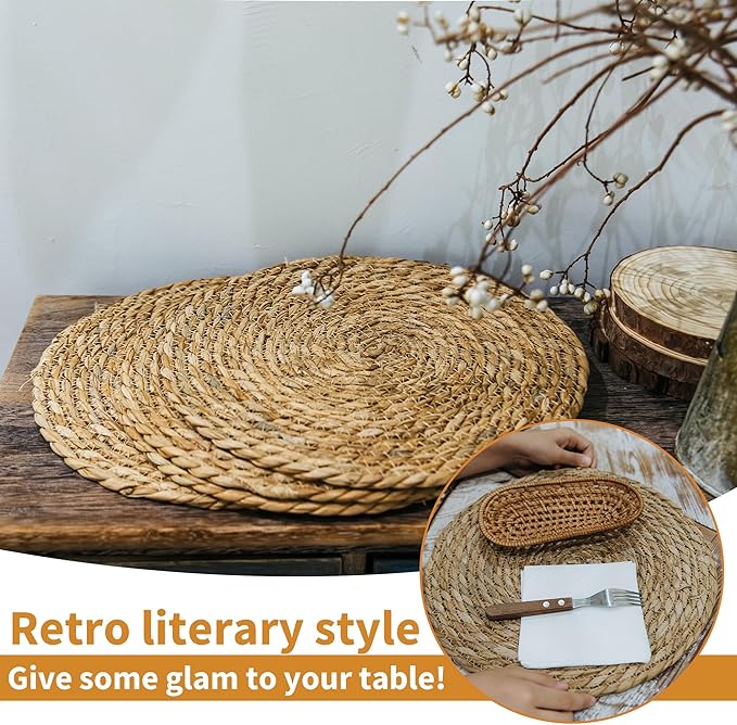 Defined Deco Woven Placemats Set of 6,13" Round Rattan Placemats,Natural Hand-Woven Water Hyacinth Placemats,Farmhouse Weave Place Mats,Rustic Braided Wicker Table Mats for Dining Table,Home,Wedding.