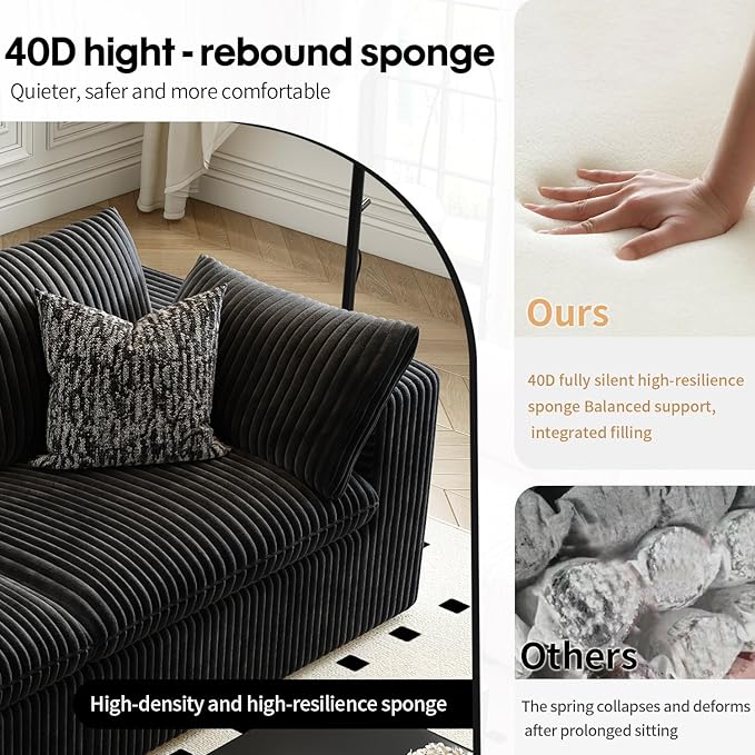 LoveSeat Cloud Couch Modular Sectional Sofa for Living Room,Modern Sofa with Deep Seat，2 Seater Boneless Couch with Ottoman,Comfy Upholstered Couches for Apartment, Studio, Office,Bedroom，Black