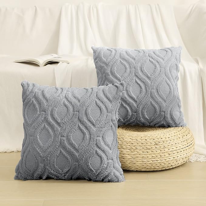 decorUhome Fall Throw Pillow Covers 18x18 Inch Set of 2, Soft Plush Decorative Faux Fur Grey Solid Couch Pillow Covers, Accent Farmhouse Neutral Square Euro Pillow Cases for Sofa Bed Living Room