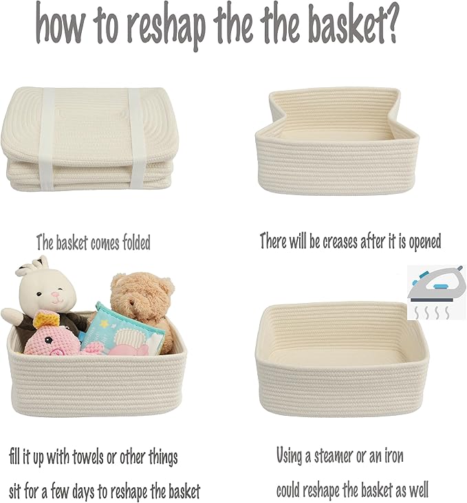 Small Woven Storage Baskets 13“X9”X5“ Decorative Rope Bins for Organizing Shelves, Closets, and Toys, Empty Gift Baskets, Cute Organizer Basket for Home and Office White Large