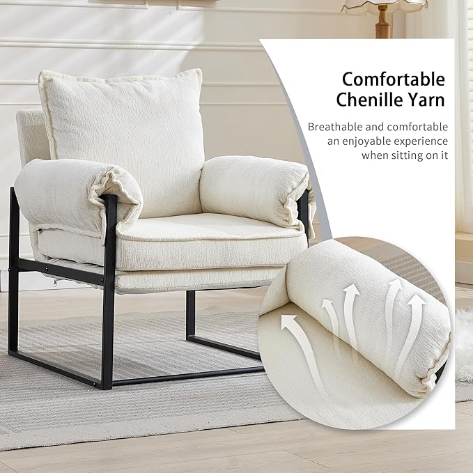 YISHENG Accent Chair with 6-Angle Adjustable Backrest, Chenille Fabric Living Room Chair Upholstered Lounge Chair, Modern Chair Cozy Reclining Chair for Reading Room, Set of 2 White