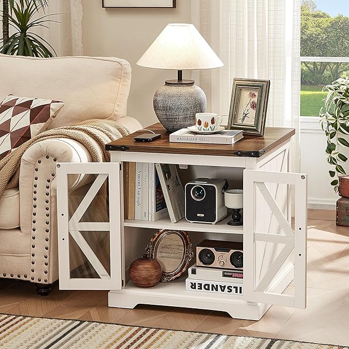 24" End Table Set of 2 with Charging Station, Farmhouse Night Stand with Glass Barn Door, Nightstands with Adjustable Storage Shelf, Large Wood Square Bed Side Table for Living Room,Bedroom
