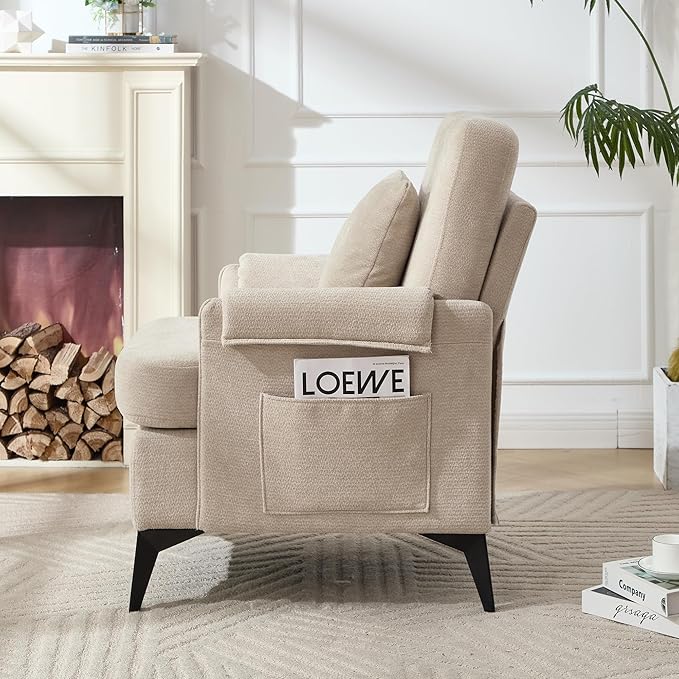 KCC Mid-Century Accent Chairs Set of 2,Chenille Modern Upholstered Single Sofa,Cozy Armchair with Back for Bedroom/Office/Cafe,Begie