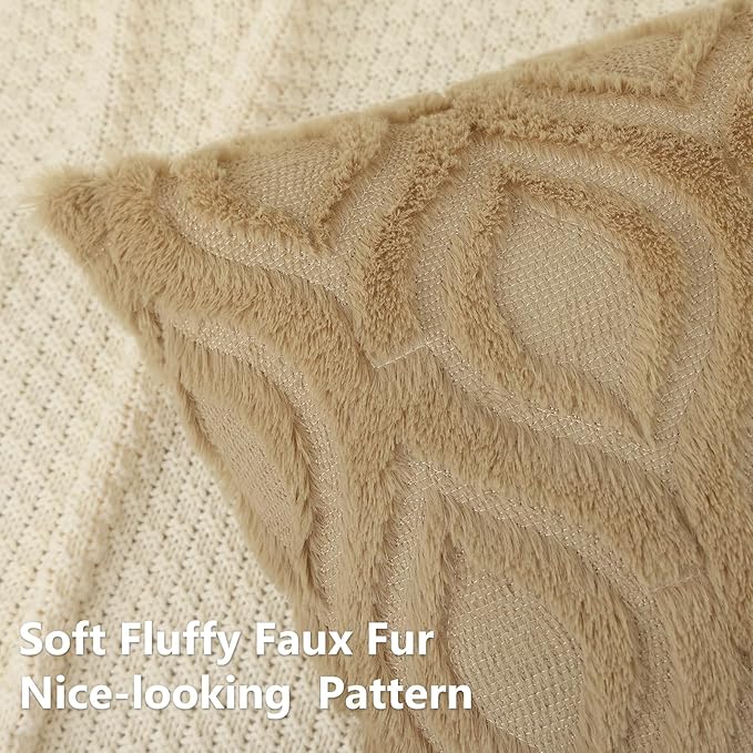 decorUhome Throw Pillow Covers 24x24 Inch Set of 2, Soft Plush Decorative Faux Fur Light Brown Solid Couch Pillow Covers, Accent Farmhouse Neutral Square Euro Pillow Cases for Sofa Bed Living Room