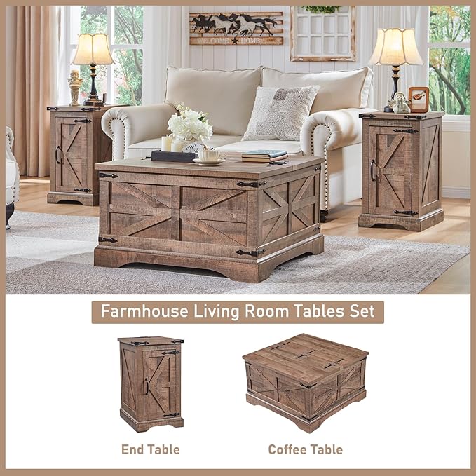 JXQTLINGMU Nightstand with Charging Station, Rectangular Farmhouse End Table with Barn Door and Adjustable Storage Shelf, 17" Deep Wood Rustic Sofa Side Table for Living Room, Bedroom, Light Brown