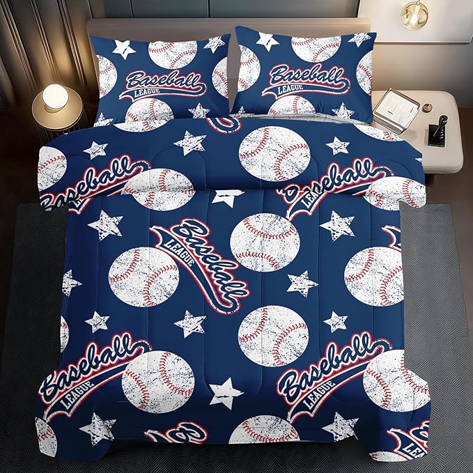 Baseball Comforter Set Twin,Sports Bedding Sets for Boys,Blue Sports Comforter Twin Bedroom Decor,Baseball Bedding Teen for All Seasons,Blue Quilt Kids Bedroom Decor