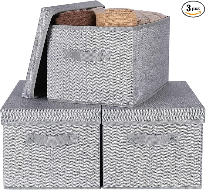 WUIKE 3 Pack Large Storage Bins with Lids, Fabric Closet Shelf Organizers, FoldableStorage Baskets with Cover for Bedroom, Herringbone Gray