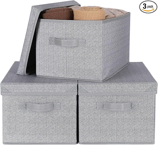 WUIKE 3 Pack Large Storage Bins with Lids, Fabric Closet Shelf Organizers, FoldableStorage Baskets with Cover for Bedroom, Herringbone Gray