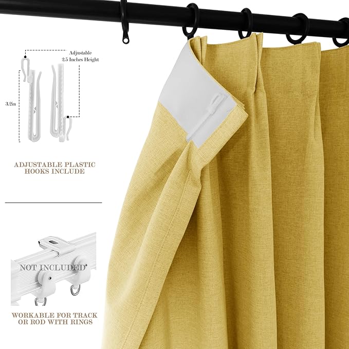 100" W x 84" L Faux Linen Room Divider Curtains, Full Blackout Pinch Pleated Drapes for Traverse Rod, Bedroom Divider Privacy Drapery with Hooks for Ceiling Track, 1 Panel, Yellow