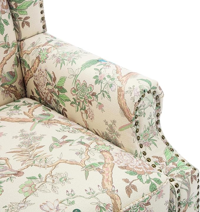 UIXE High Back Accent Chairs Set of 2, Fabric Upholstered Armchair for Living Room, Retro Printed Wingback Arm Chair Rivet Trimed Single Sofa Bedroom Reading Seat - Bird Floral