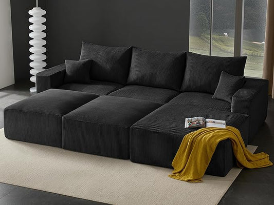 Boneless Sectional Cloud Couch Sofa Bed for Living Room, 112" Modular Modern Lounge 3 Seater Sleeper Black Couches with Chaise, No Assemble, Cordury Compression Upholstered Sofas