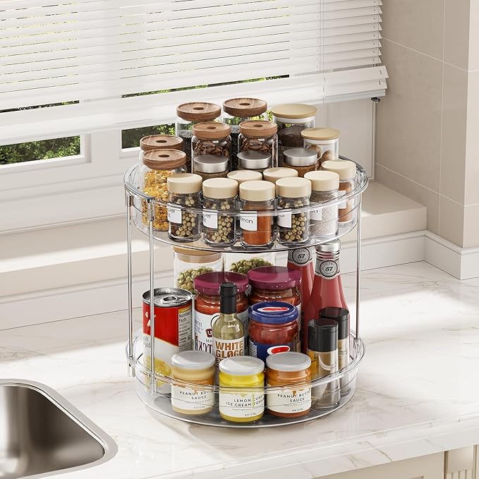LAMU 12inch 2 Tier Lazy Susan Turntable Organizer Rotating Spice Rack Organization for Cabinet, Kitchen, Pantry, Countertop, Bathroom, Vanity, Medicine Cabinet Organizer, Clear