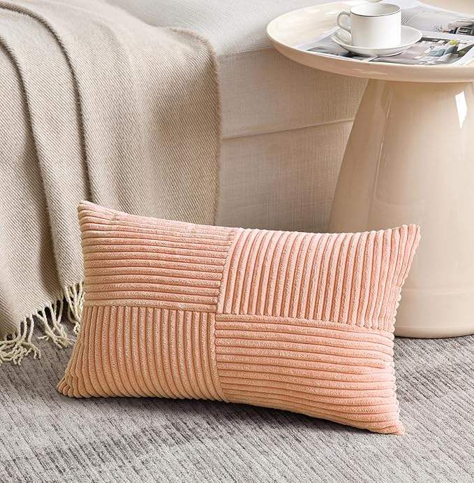 Fancy Homi 2 Packs Peach Lumbar Decorative Throw Pillow Covers 14x24 Inch for Living Room Couch Bed Sofa, Rustic Farmhouse Boho Home Decor, Soft Striped Corduroy Rectangle Accent Cushion Case 35x60 cm