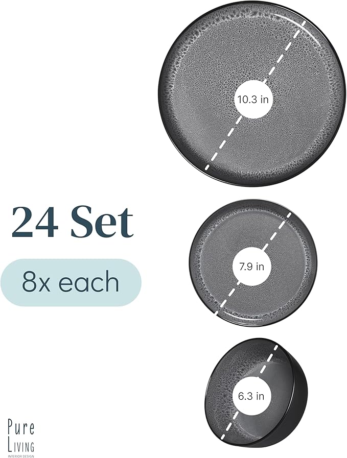 Stoneware dinnerware set 8 persons 24 pcs - Dishwasher, microwave and scratch resistant - Bowl and plate set 8 persons modern - Dinner service Pure Living black in gray…