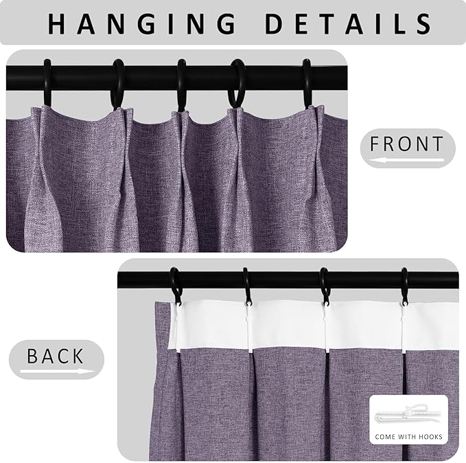 Macochico 100”Wx96”L Pinch Pleated 100% Blackout Linen Curtains Thermal Sliding Curtains for Bedroom Living Room Sliding Glass Door Farmhouse Shabby Chic Violet Drapery with Tieback 1 Panel
