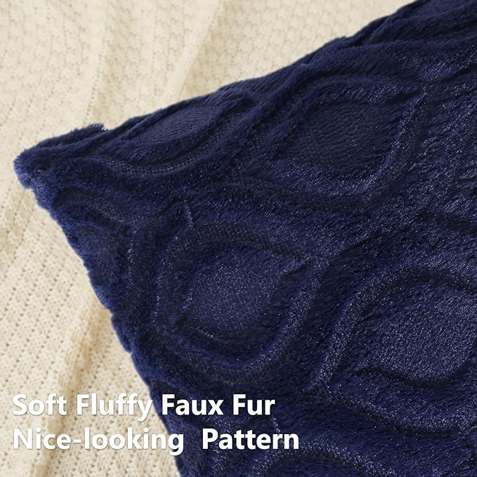 decorUhome Fall Throw Pillow Covers 16x16 Inch Set of 2, Soft Plush Decorative Faux Fur Navy Blue Solid Couch Pillow Covers, Accent Farmhouse Neutral Square Euro Pillow Cases for Sofa Bed Living Room