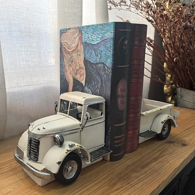 Decorative Book Ends Vintage Bookends: Metal Truck Book Stopper for Heavy Books - Farmhouse Decor for Shelf Table Coffee Bar Office Home - Gift for Adults Men Teen (Vintage White)