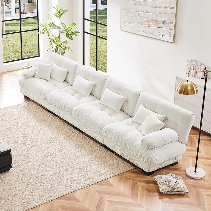 Modular Sectional Sofa Cloud Couch 4-Seater Deep Seat Sofa Couch, Oversized Couch Bed Sectional Couch with Round Bolster Armrests 6 Pillows, Modern Sofa Chair Comfy Couch(White)