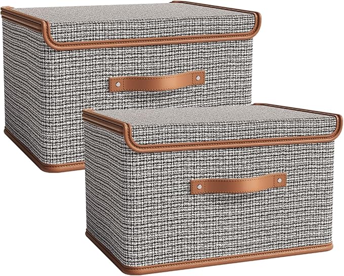 Tuza 2 Pack Storage Bins with Lids, Collapsible Closet Organizer Container, Fabric Organizer Box with Handles, Decorative Storage Boxes with Lids for Organizing Clothes, Books, Light Grey, Large