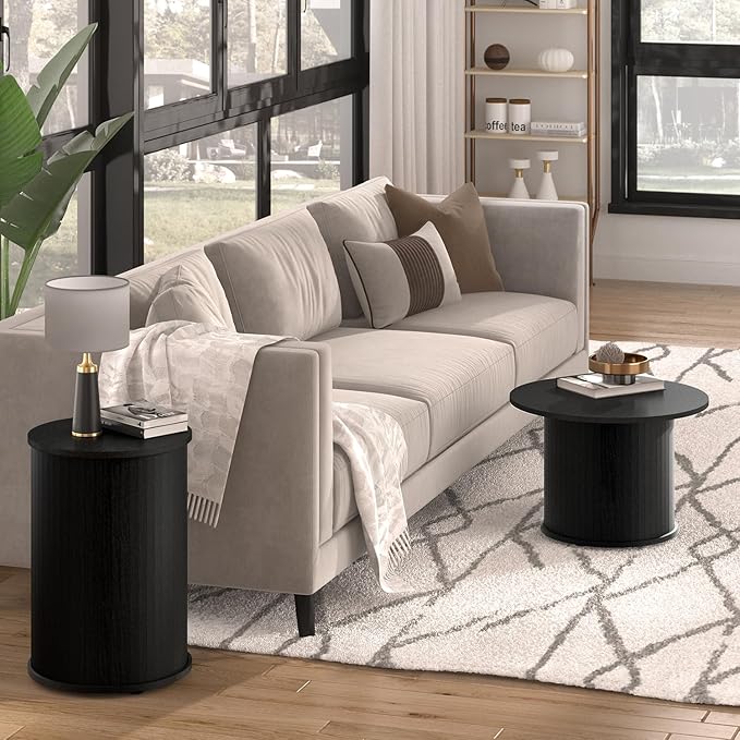 Set of 2 Round Nesting Coffee Tables for Living Room, Fluted Circle Black Wood Coffee and End Table Sets for Apartment, Small Spaces, Bedroom, Modern Style, Easy Assembly & Maintenance